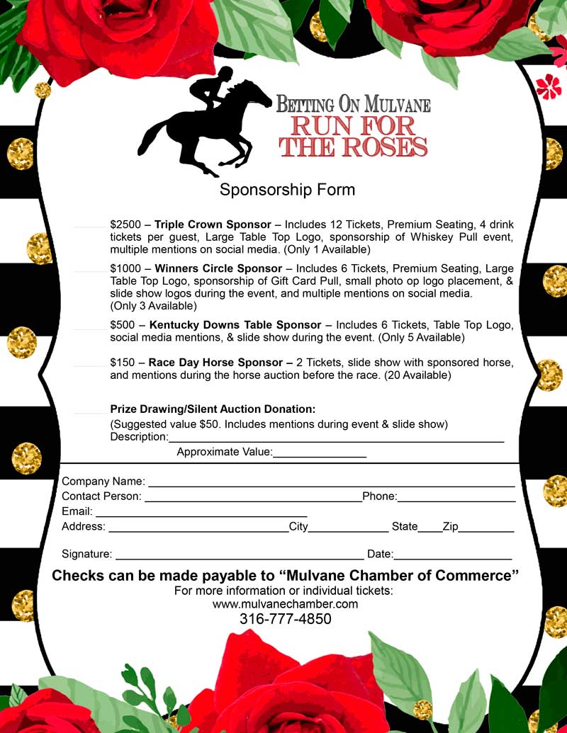 Betting on Mulvane Kentucky Derby Fund Raiser - Run for the Roses - May 7, 2022 - Sponsorship Form